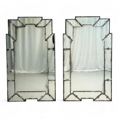 Art Deco Style Venetian Wall Mirrors Antiqued and Beveled Glass 21st C 