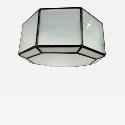 Art Deco Style White Milk Glass and Bronze Octagon Shape Pendant or Flush Mount