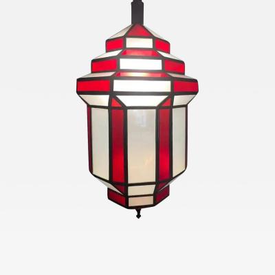 Art Deco Style White Milk and Red Glass Chandelier Pendant or Lantern