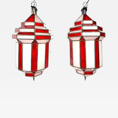 Art Deco Style White Milk and Red Glass Pendant Lantern or Chandelier a Pair