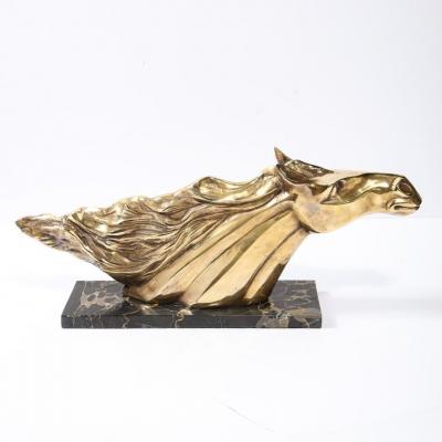 Art Deco Stylized Stallion Sculpture in Brass on Black Portoro Marble Base