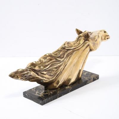 Art Deco Stylized Stallion Sculpture in Brass on Black Portoro Marble Base