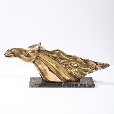 Art Deco Stylized Stallion Sculpture in Brass on Black Portoro Marble Base