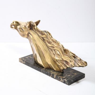 Art Deco Stylized Stallion Sculpture in Brass on Black Portoro Marble Base