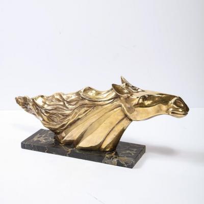 Art Deco Stylized Stallion Sculpture in Brass on Black Portoro Marble Base