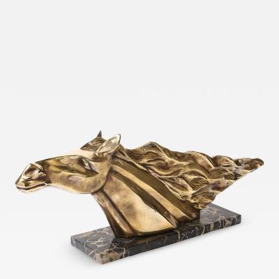 Art Deco Stylized Stallion Sculpture in Brass on Black Portoro Marble Base