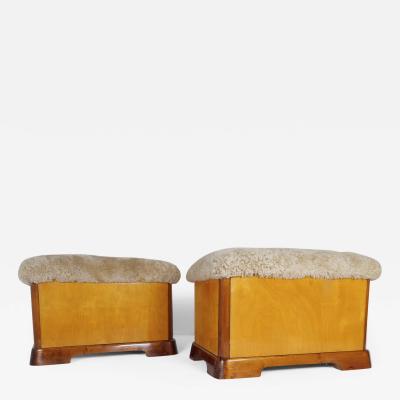 Art Deco Swedish Stools in Lacquered Birch and Mahogany and Sheepskin Seat 1940s