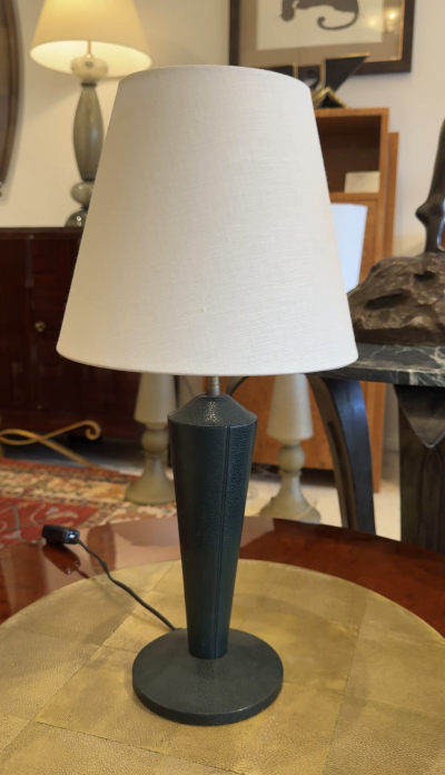 Art Deco Table Lamp in Hermes Green Leather Manner of Jacques Adnet 1940