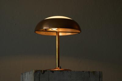 Art Deco Table Lamp in Patinated Copper Brass and Satin Glass 1950s