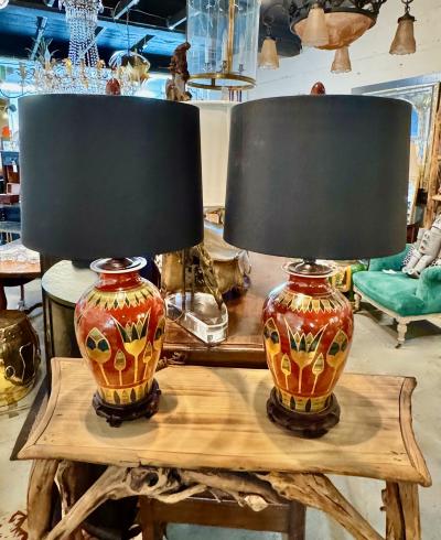 Art Deco Table Lamps with Egyptian Motifs Hand Painted Porcelain