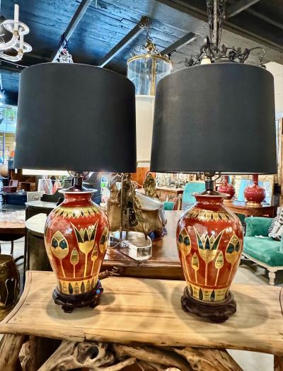 Art Deco Table Lamps with Egyptian Motifs Hand Painted Porcelain