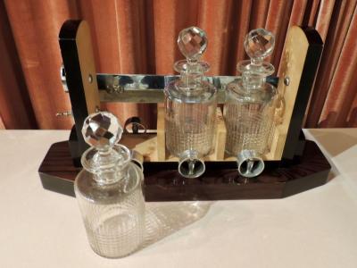 Art Deco Tantalus Decanter Set in Crystal Wood and Chrome