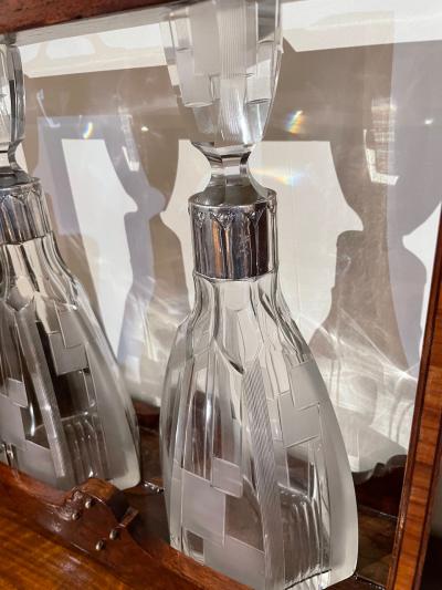 Art Deco Tantalus Set with 2 Geometric Etched Bottles