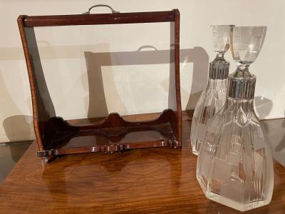 Art Deco Tantalus Set with 2 Geometric Etched Bottles