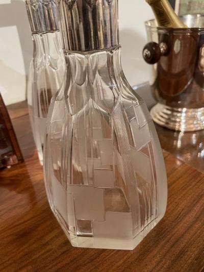 Art Deco Tantalus Set with 2 Geometric Etched Bottles