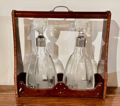 Art Deco Tantalus Set with 2 Geometric Etched Bottles