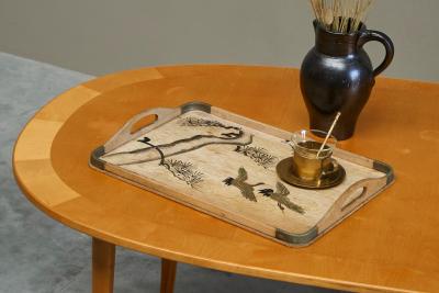 Art Deco Tray with Birds and Foliage Theme in Wood and Brass 1940s