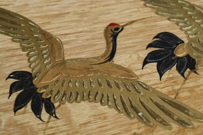 Art Deco Tray with Birds and Foliage Theme in Wood and Brass 1940s