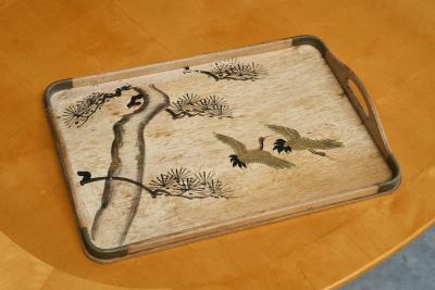 Art Deco Tray with Birds and Foliage Theme in Wood and Brass 1940s
