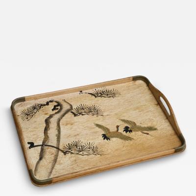Art Deco Tray with Birds and Foliage Theme in Wood and Brass 1940s