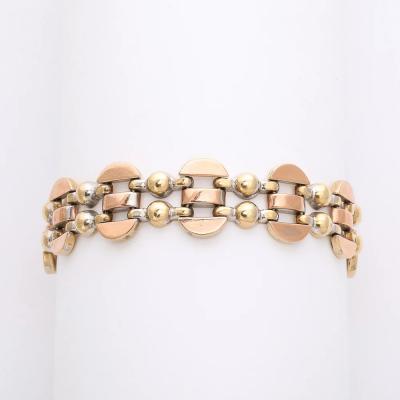 Art Deco Tricolor 14K Gold Articulating Stylized Cubist Bracelet
