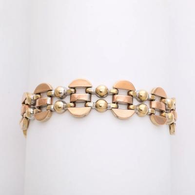 Art Deco Tricolor 14K Gold Articulating Stylized Cubist Bracelet