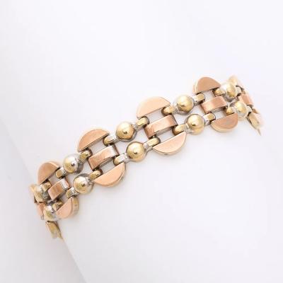 Art Deco Tricolor 14K Gold Articulating Stylized Cubist Bracelet