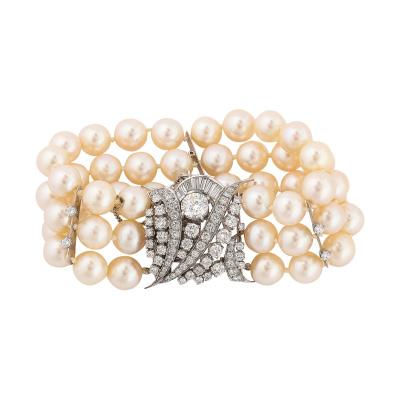 Art Deco Triple Strand Pearl Platinum Diamond Bracelet