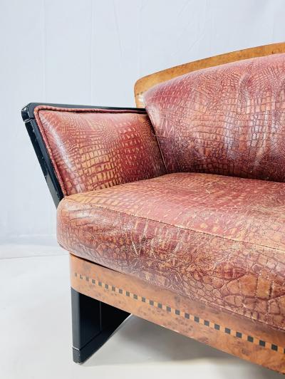 Art Deco Two Seater Sofa in Burlwood and Leather France 1940s