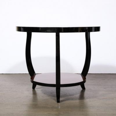 Art Deco Two Tier Gueridon Table in Book matched Walnut Black Lacquer
