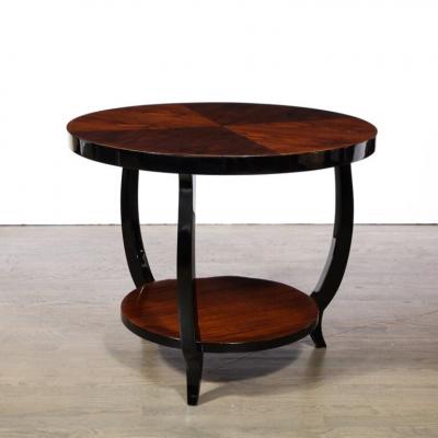 Art Deco Two Tier Gueridon Table in Book matched Walnut Black Lacquer