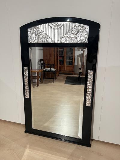 Art Deco Wall Mirror Black Lacquer Silver Leaf France circa 1930