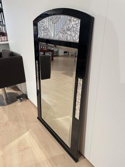 Art Deco Wall Mirror Black Lacquer Silver Leaf France circa 1930