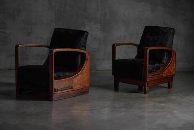 Art Deco Walnut Armchairs with Cowhide Upholstery France 1930s