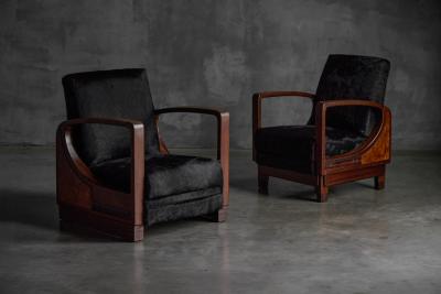 Art Deco Walnut Armchairs with Cowhide Upholstery France 1930s