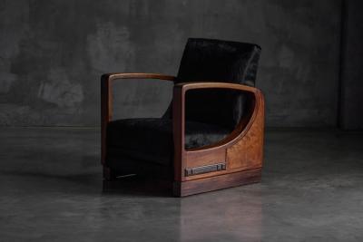 Art Deco Walnut Armchairs with Cowhide Upholstery France 1930s