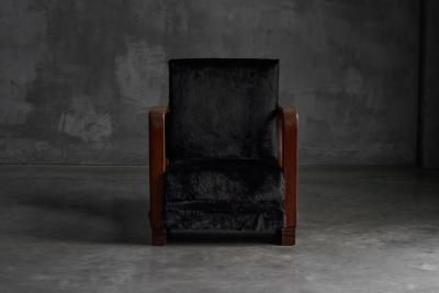 Art Deco Walnut Armchairs with Cowhide Upholstery France 1930s