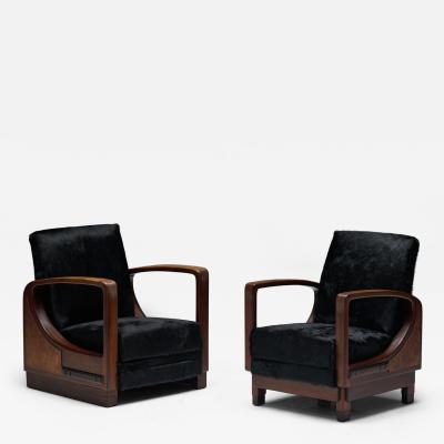 Art Deco Walnut Armchairs with Cowhide Upholstery France 1930s