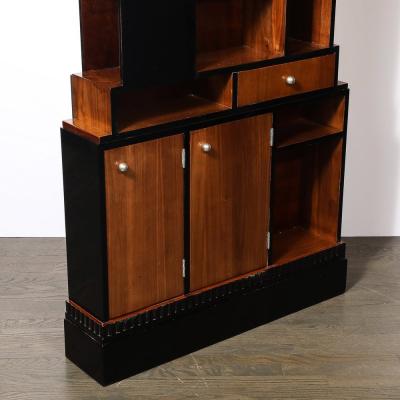Art Deco Walnut Black Lacquer Skyscraper Style Bookshelf with Chrome Pulls