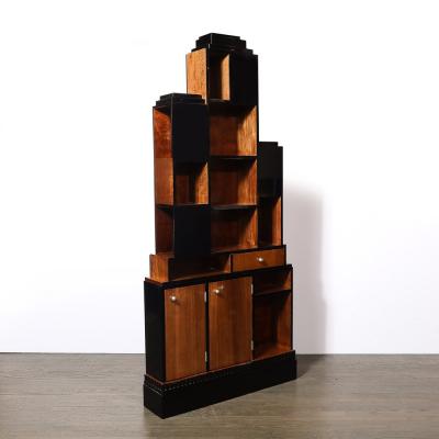 Art Deco Walnut Black Lacquer Skyscraper Style Bookshelf with Chrome Pulls