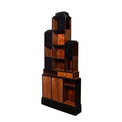 Art Deco Walnut Black Lacquer Skyscraper Style Bookshelf with Chrome Pulls