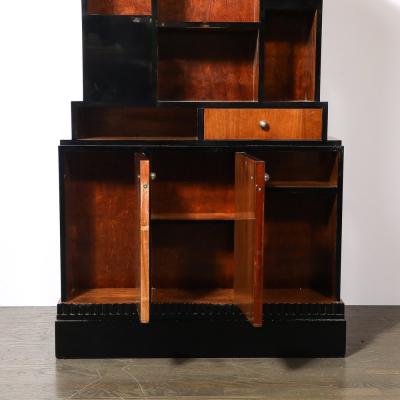 Art Deco Walnut Black Lacquer Skyscraper Style Bookshelf with Chrome Pulls