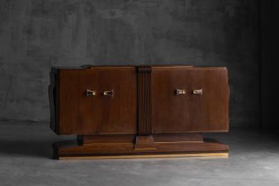 Art Deco Walnut Sideboard with Brass Details and Sculptural Base France 1930s