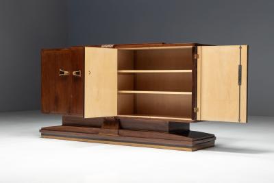 Art Deco Walnut Sideboard with Brass Details and Sculptural Base France 1930s