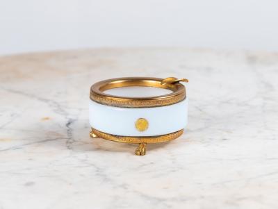 Art Deco White Opaline Round Ashtray with Brass Mounts and Feet France