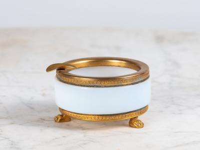 Art Deco White Opaline Round Ashtray with Brass Mounts and Feet France
