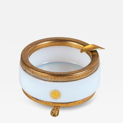 Art Deco White Opaline Round Ashtray with Brass Mounts and Feet France