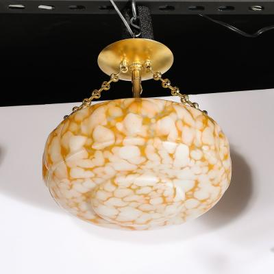 Art Deco White and Orange Glass Pendant Chandelier with Brass Fittings