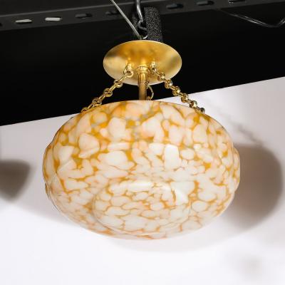 Art Deco White and Orange Glass Pendant Chandelier with Brass Fittings