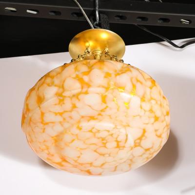 Art Deco White and Orange Glass Pendant Chandelier with Brass Fittings